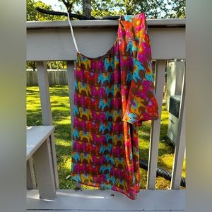 One shoulder, multicolored, bell sleeved dress. Loose fitting. Smoke free home.